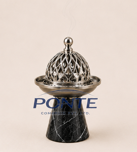 Quemador de incienso de mármol natural de lujo con tapa de metal plateado, incensario árabe moderno hecho a mano para fragancia del hogar con Oud. - Product Image 3