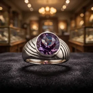 Anillo de Plata de Ley 925 para Hombre con Amatista Púrpura Redonda, Joyería con Piedra Preciosa Genuina, Diseño Clásico y Atrevido para Uso Diario - Product Image 5