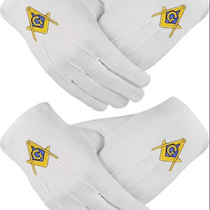 Guantes Masónicos Bordados con el Escuadra y el Compás en Azul y Amarillo, 100% Algodón, Talla Grande, 2 Pares - Product Image 1