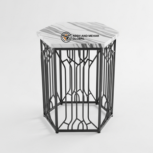 Taburete Metálico Hexagonal Industrial Personalizado al por Mayor con Superficie de Mármol, Mesa Auxiliar con Estructura de Hierro con Recubrimiento en Polvo Premium, Duradero para Dormitorio - Product Image 1