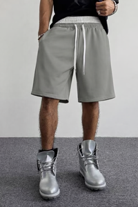 Shorts Bermuda en Coton Gris pour Homme, Taille Mi-Haute avec Cordon de Serrage, Style Décontracté, Couleur Unie, Tissu Tricoté Respirant - Product Image 6