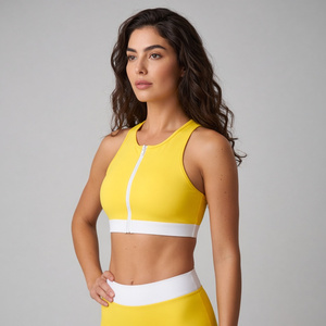 Ensemble tankini jaune deux pièces pour femme, haut court à col montant, bas taille haute, bordure contrastante, maillot de bain en Spandex et Nylon - Product Image 4