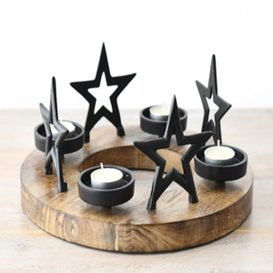 Décoration de Noël, couronne en métal, centre de table, porte-bougie à la lumière de la bougie, avec base en bois de manguier - Product Image 2