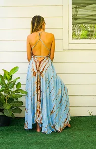 Women’s Light Blue <b>Brown</b> <b>Tie</b> Dye Rayon V Neck Maxi Dress Sleeveless Backless Loose Fit Boho Beach Summer Dress - Product Image 2