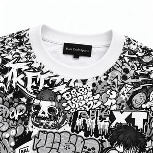 T-shirt graphique oversize pour homme, style streetwear, noir et blanc, imprimé graffiti cartoon, manches courtes, col rond - Product Image 5