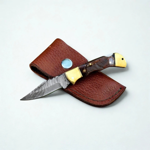 Cuchillo de Bolsillo Recto de Acero de Damasco, Juego en Caja de Regalo, Cuchillo Plegable para Caza y Camping, Funda de Cuero, Multifuncional, ODM OEM - Product Image 1