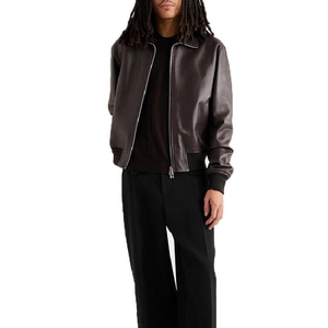 Men's OEM Service Burgundy <b>Leather</b> Bomber <b>Jacket</b> Turn-down Collar Zipper Closure Regular Length Solid Color Available For Sale - Product Image 2