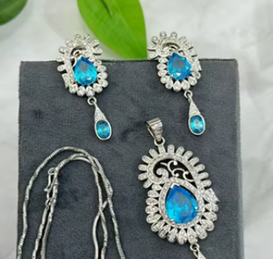 Elegant <b>Silver</b> Finish Premium Quality CZ Stones Look Pendent <b>Necklace</b> <b>Set</b> with <b>Earrings</b> With for Parties Wear Collection - Product Image 2