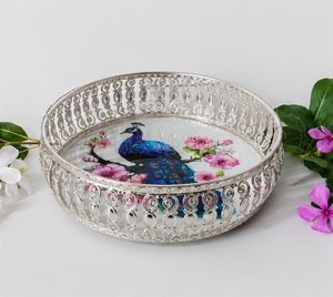 Bandeja Redonda Decorativa de Porcelana con Diseño Floral de Pavo Real para Servir en el Hogar, Comedor o Buffet - Product Image 4