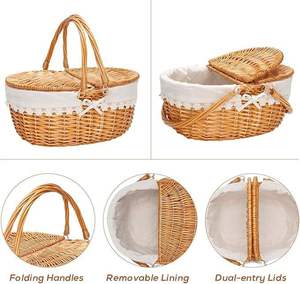 Wholesale Oval <b>Wicker</b> Picnic <b>Basket</b> Dual Lids Removable Fabric <b>Lining</b> Handwoven Rattan Storage Hamper Folding Handles Camping Bo - Product Image 2