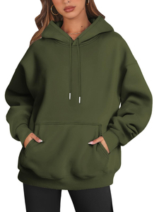 Sudadera con Capucha Extra Grande para Mujer, Color Verde Oliva Sólido, 100% Algodón Felpa, Manga Larga, Largo Regular, Ropa Urbana de Otoño - Product Image 1