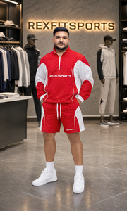 REXFIT SPORTS 2026 Breathable Mens Red <b>White</b> Nylon <b>Tracksuit</b> Set Half Zip Pullover Jacket and Shorts Custom Sports Streetwear - Product Image 2