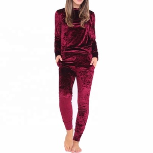 New arrival women velvet fabric crew neck <b>long</b> sleeve plain sweat shirts with <b>matching</b> trousers pants sweat suits set - Product Image 2
