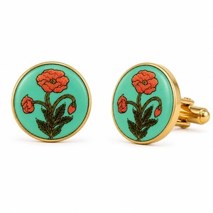 Handmade Enamel Brass Cufflinks Red Poppy Flower Design Turquoise Base Gold Tone Finish Formal Wedding Gift Unisex - Product Image 1