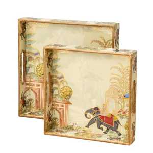Plateaux de rangement multifonctionnels rectangulaires en MDF Meena Oriental au design moderne, lavables au lave-vaisselle, vaisselle décorative avec motif d'éléphant - Product Image 1