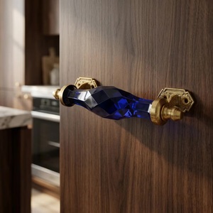 Poignée de meuble bleue en cristal avec plaques de fixation en laiton, design géométrique, style moderne, multifonction pour cuisine et salon - Product Image 4