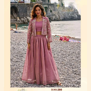 Kalandri Tissue Butti Fusion Style Co Ord <b>Set</b> Embroidered Jacket Crop <b>Top</b> <b>Skirt</b> Party Wear Outfit Women's <b>Sets</b> - Product Image 2