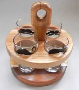 Wooden Glass Holder Stand with Circular Base and Handle Carrying 4 Mustache Design Glass Cups Modern <b>Kitchen</b> Organizer <b>Rack</b> - Product Image 1