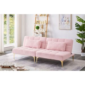 Divano Letto Rosa in Tessuto Teddy da 71 Pollici con Gambe in Metallo Dorato Convertibili e Funzione Futon - Product Image 1