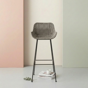 Modern Wicker <b>Bar</b> <b>Stool</b> Woven Bucket <b>High</b> Chair With Black Metal Legs For Contemporary Kitchen Island Cafe Restaurant Seating - Product Image 1