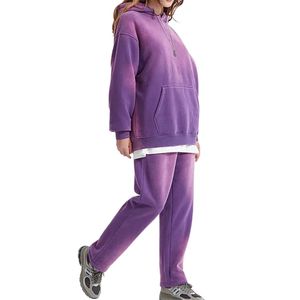 Survêtement pour homme violet foncé brodé, teint en masse, en molleton épais, avec sweat à capuche et pantalon de jogging large, coupe oversize, style streetwear personnalisé - Product Image 2