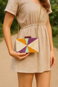 Pochette de soirée de luxe faite à la main en bois et résine, durable et écologique, avec incrustation géométrique, sac à bandoulière avec chaîne, logo personnalisé - Product Image 2