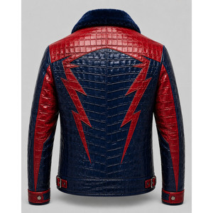 Veste en cuir gaufré crocodile rouge et bleu pour homme avec col en fourrure, style motard, coupe-vent, manteau d'hiver, coupe ajustée, fermeture éclair - Product Image 4
