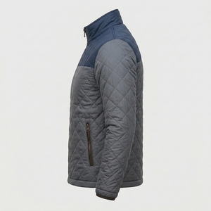 Men's Quilted <b>Jacket</b> Navy Gray Color Block Stand Collar Zipper Closure Windproof Casual Autumn Wear Polyester Wadding - Product Image 2
