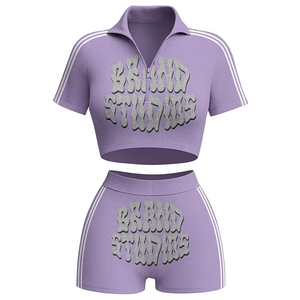 100% Cotton Solid Washed Two Piece Women's Biker Shorts & Crop <b>Top</b> Set Custom Logo Button Detail Fleece Fabric Casual Sportswear - Product Image 2