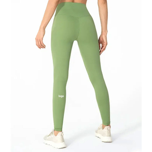 Leggings de Yoga de Cintura Alta, Color Verde Sólido, Largos, Sin Costuras, Cintura Elástica, Pantalones Deportivos para Mujer, Logotipo en la Pierna Derecha - Product Image 1