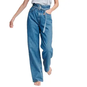Toptan özel kadın elastik streç kot yüksek bel düz renk pantolon kadın kalem pantolon Skinny Jeans Denim pantolon Vintage