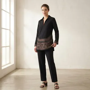 Women Black Embroidered <b>Tunic</b> <b>Top</b> <b>With</b> Full <b>Sleeve</b> Bohemian Style Geometric Pattern <b>Long</b> Set Regular Fit All Seasons Wear - Product Image 2