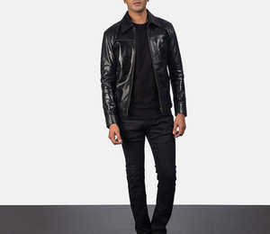 Veste bomber en cuir véritable pour homme, en peau de mouton noir jais, avec fermeture éclair et col rabattable, style streetwear, 100% coton, écologique - Product Image 5