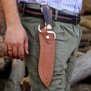 Cuchillos Bowie de Caza de Acero de Damasco Hechos a Mano Personalizados OEM/ODM al por Mayor con Punta de Clip, Mango de Cuerno, Funda de Cuero de 13 Pulgadas, 55-58HRC - Product Image 6