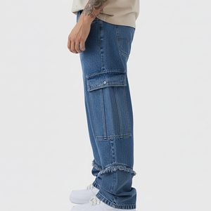 Jean cargo baggy délavé bleu pour homme, taille mi-haute, style vintage, effet usé, 100% coton, streetwear hip-hop, poches, personnalisable OEM - Product Image 6