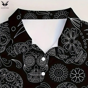 Camisa de golf con estampado gráfico de calaveras para hombre, camisa polo estampada de manga corta informal de la más alta calidad para uso al aire libre. - Product Image 5