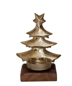 Handmade Aluminum Christmas <b>Tree</b> <b>Ornament</b> Medium Size Rustic Style Star Top Candle Holder Wooden Base Tabletop Decor Living Room - Product Image 4
