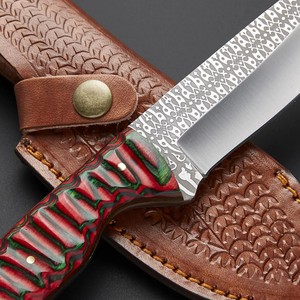 Cuchillo de hoja fija de acero 3Cr13 grabado al ácido, mango de madera, funda de cuero, OEM, espiga completa, para bushcraft, camping y uso general. - Product Image 3