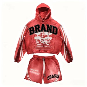 Custom Streetwear Rhinestone Acid Wash Tracksuit Embroidery Sweatsuit Vintage <b>Hoodies</b> and Shorts Set for Men - Product Image 5