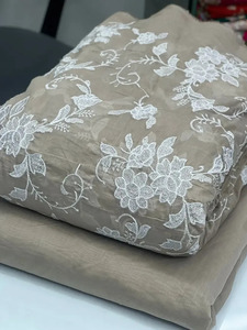 Tela de Bordado Premium con Textura de Malta, Tela de Poliéster Suave con Malla de Georgette y Encaje, Estampado Floral, Tela de Diseño para Vestidos de Novia - Product Image 1