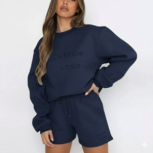 Conjunto Casual de Dos Piezas para Mujer, Sudadera de Felpa de Algodón y Pantalones Cortos, Cuello Redondo Transpirable, Venta al Por Mayor OEM, Conjunto de Invierno para Mujer - Product Image 1