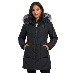Veste longue à capuche pour homme avec garniture en fourrure, coupe-vent, parka d'hiver épaisse, fermeture éclair décontractée, manteau noir uni - Product Image 2