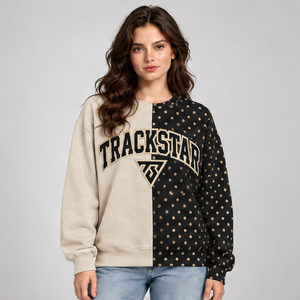 Sudadera Casual de Mujer con Cuello Redondo y Hombros Caídos, Diseño de Puntos Bicolor Beige y Negro, Manga Larga, Estilo Universitario, Venta al por Mayor Personalizada - Product Image 1