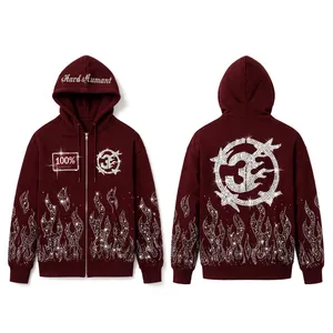 Custom Y2K Rhinestone Flame Print Zip-Up <b>Hoodie</b> Unisex Oversized <b>Gothic</b> Streetwear Embroidered Front Logo 100% Cotton Fleece - Product Image 2