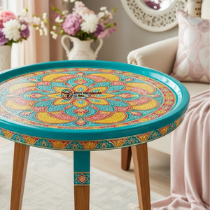 Traditional Hand-Painted Meena Wooden <b>Stool</b> Decorative Round Coffee <b>Table</b> <b>with</b> Mandala Art Ethnic Indian Style Tripod Side <b>Table</b> - Product Image 2