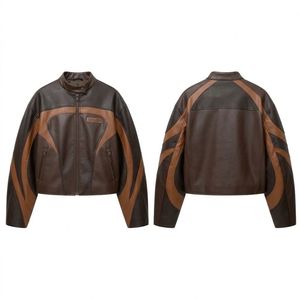 Athletic Cut Cowhide Sporty <b>Leather</b> Jacket Short <b>Waist</b> Dynamic Contrast Line Ergonomic Stand Neck Zipped Sleeves Women <b>Coats</b> - Product Image 3
