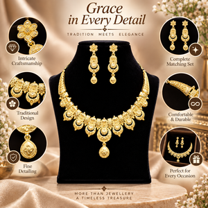 Royal Floral <b>Necklace</b> with Earrings <b>Set</b> | Traditional Indian Bridal Jewelry | 24K Gold Finish Copper Brass <b>Wedding</b> <b>Necklace</b> <b>Set</b> - Product Image 5