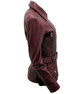 Women's Genuine Leather Moto Jacket Solid Burgundy Color <b>Zipper</b> Closure With Belt And Pockets Full Sleeve Autumn Style - Product Image 3