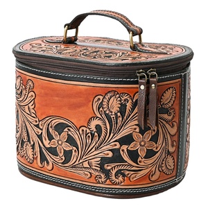 Sac de maquillage de voyage artisanal en cuir véritable, style bohème western, à franges florales, écologique, organiseur de cosmétiques de luxe, rustique, automne - Product Image 1