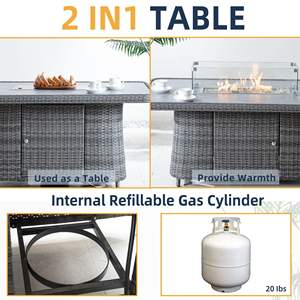 Mesa rectangular para fogatas de patio con tapa elevable, protector contra el viento y cubierta, de propano, color gris - Product Image 6